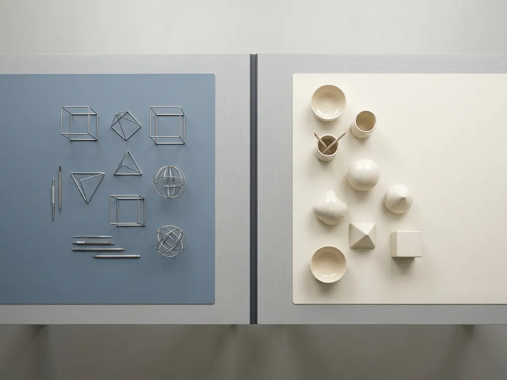 Architectentekentafel van bovenaf met geometrische wireframe modellen in zilver naast gladde keramieken objecten in ivoor.