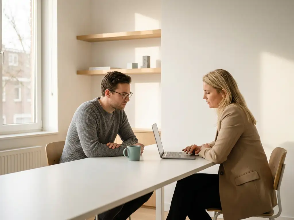 Ontwikkelaar en Nederlandse zakenpartner in gesprek aan een wit bureau met open laptop, verlicht door zacht zijdelings daglicht.