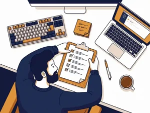 Nederlandse projectmanager bekijkt checklist op klembord aan modern bureau met mechanisch toetsenbord, laptop en sticky notes.