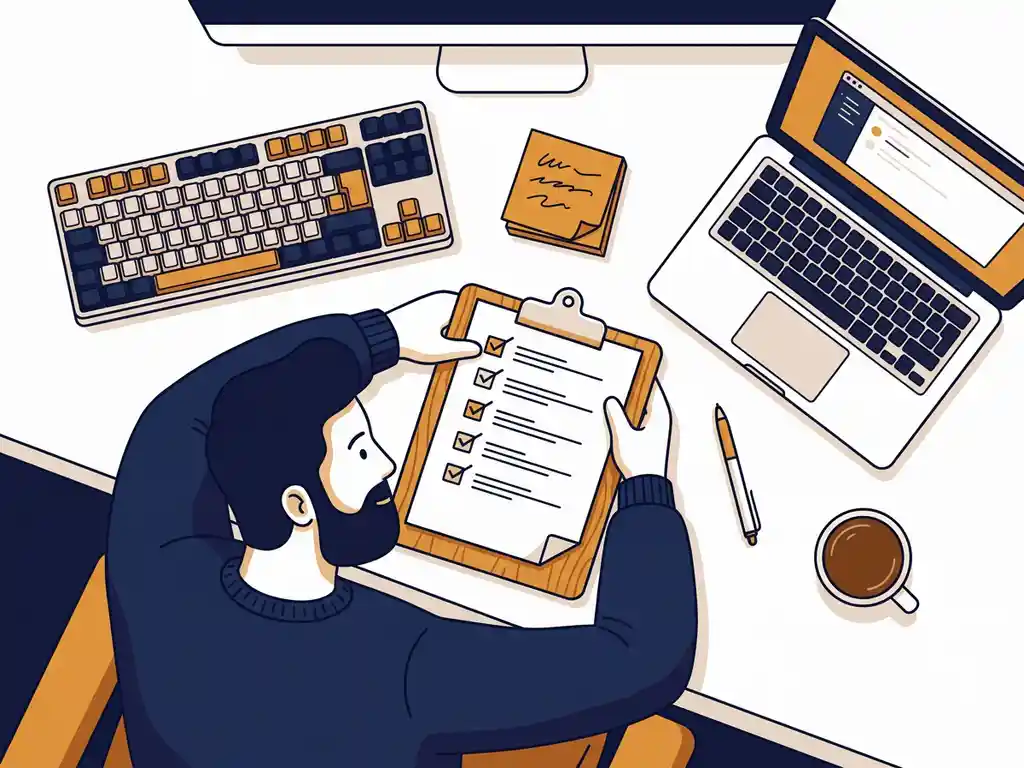 Nederlandse projectmanager bekijkt checklist op klembord aan modern bureau met mechanisch toetsenbord, laptop en sticky notes.