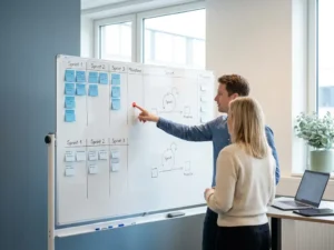 Nederlandse projectmanager en ontwikkelaar werken samen aan een whiteboard met sprintdiagrammen en sticky notes in een minimalistisch kantoor.