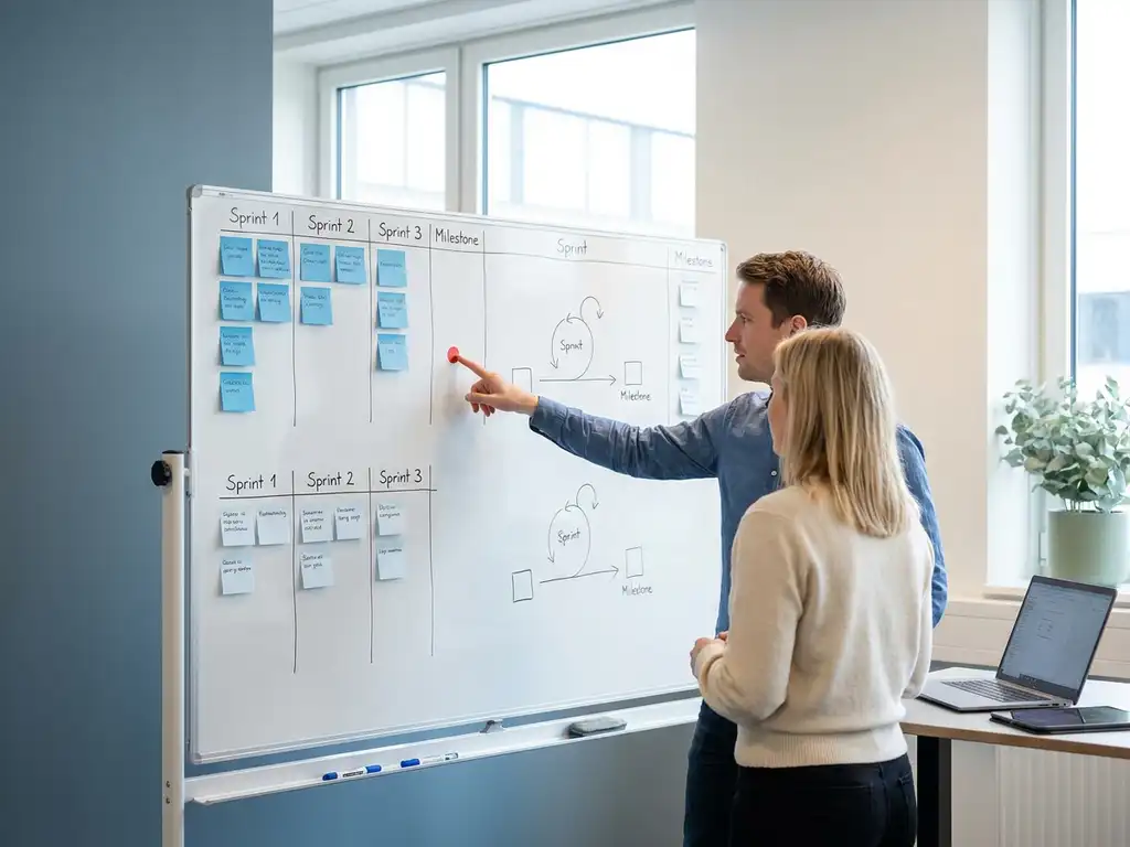 Nederlandse projectmanager en ontwikkelaar werken samen aan een whiteboard met sprintdiagrammen en sticky notes in een minimalistisch kantoor.