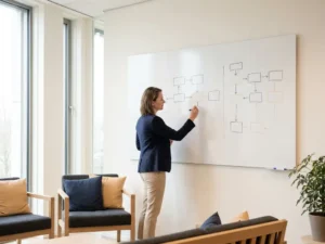 Projectmanager bij minimalistisch whiteboard met geometrisch flowchart voor software-sprint, modern Nederlands kantoor met vloer-tot-plafond ramen.