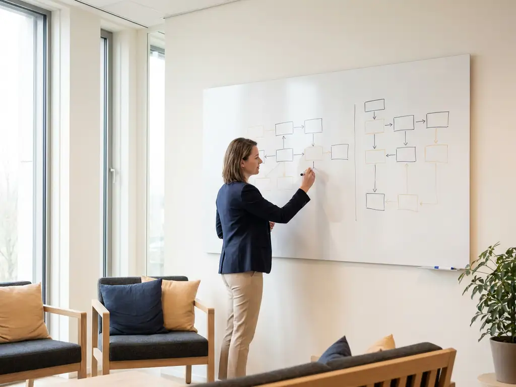 Projectmanager bij minimalistisch whiteboard met geometrisch flowchart voor software-sprint, modern Nederlands kantoor met vloer-tot-plafond ramen.