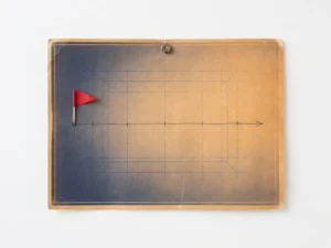 Verweerde projectroadmap-blauwdruk met rode vlagmarkering op startpunt van tijdlijn, vlakke bovenaanzicht in marineblauw en amber.