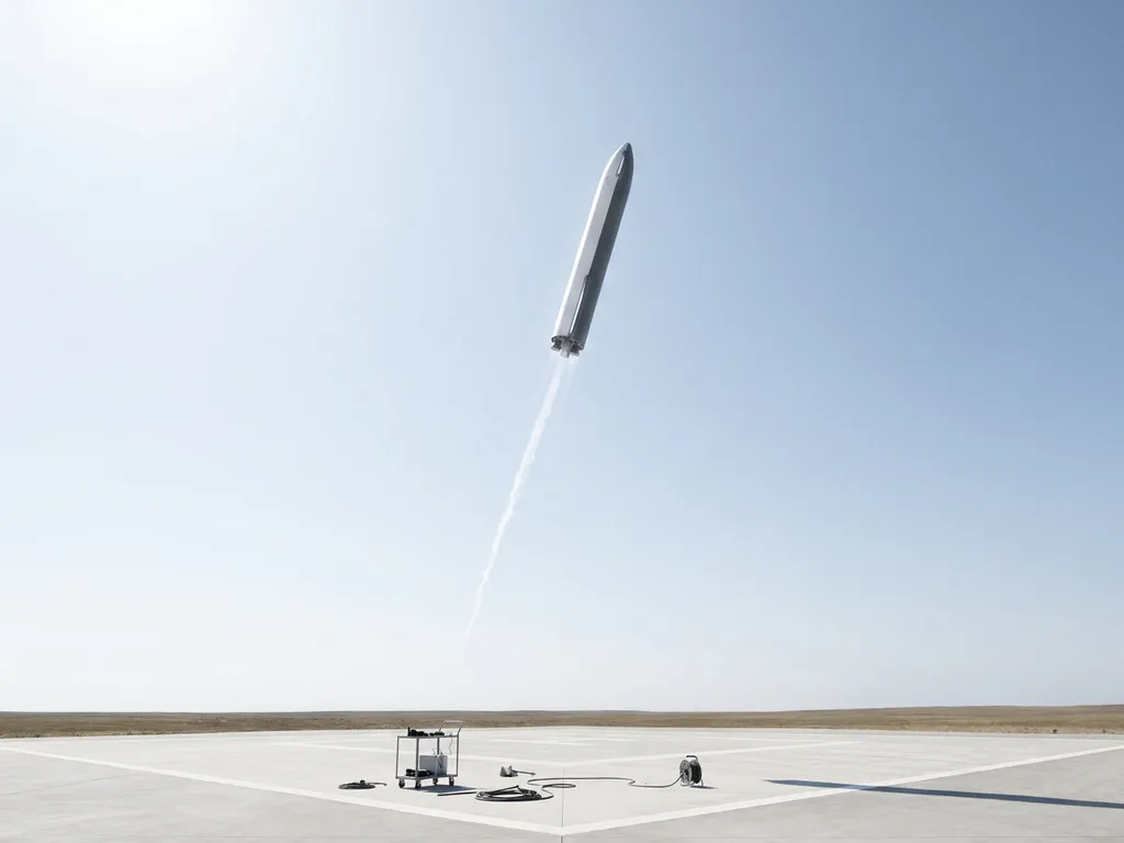 Raket stijgt op vanaf een betonnen lanceerplatform in een strakblauwe lucht, met een kleine condensstreep.