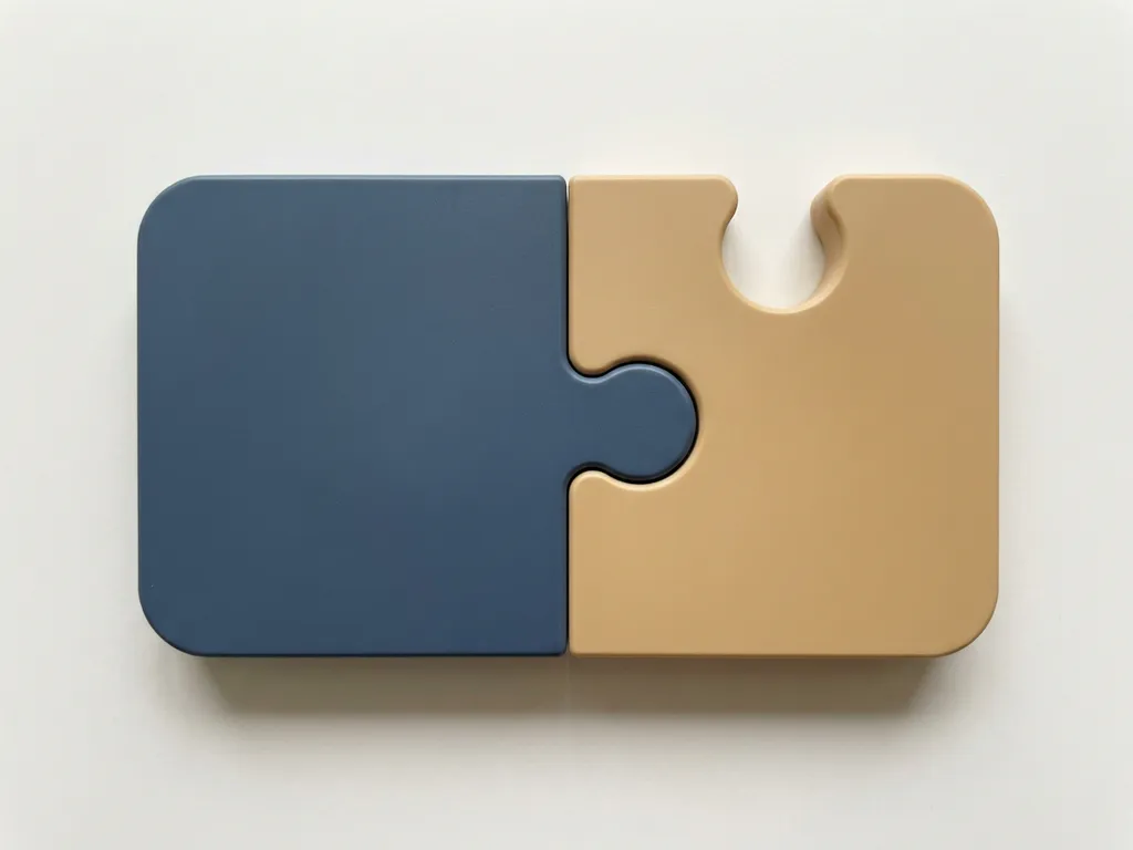 Twee ineinanderpassende puzzelstukken in leisteenblauw en zandkleur op wit oppervlak, symbool voor zakelijke samenwerking.