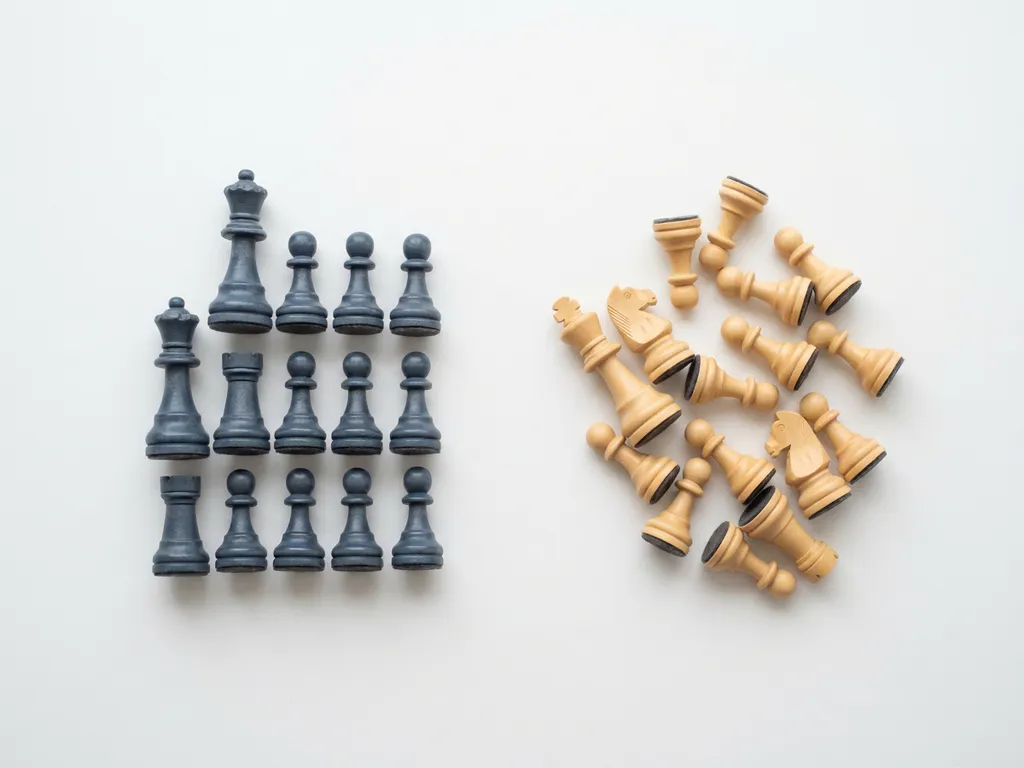 Schaakstukken in strakke geometrische formatie tegenover een losse cluster, bovenaanzicht op wit oppervlak met leisteen en zandtinten.