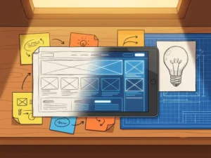 Potloodschets op houten bureau die overvloeit in digitale wireframes, met gloeilamp en sticky notes, warm amber en donkerblauw kleurenpalet.