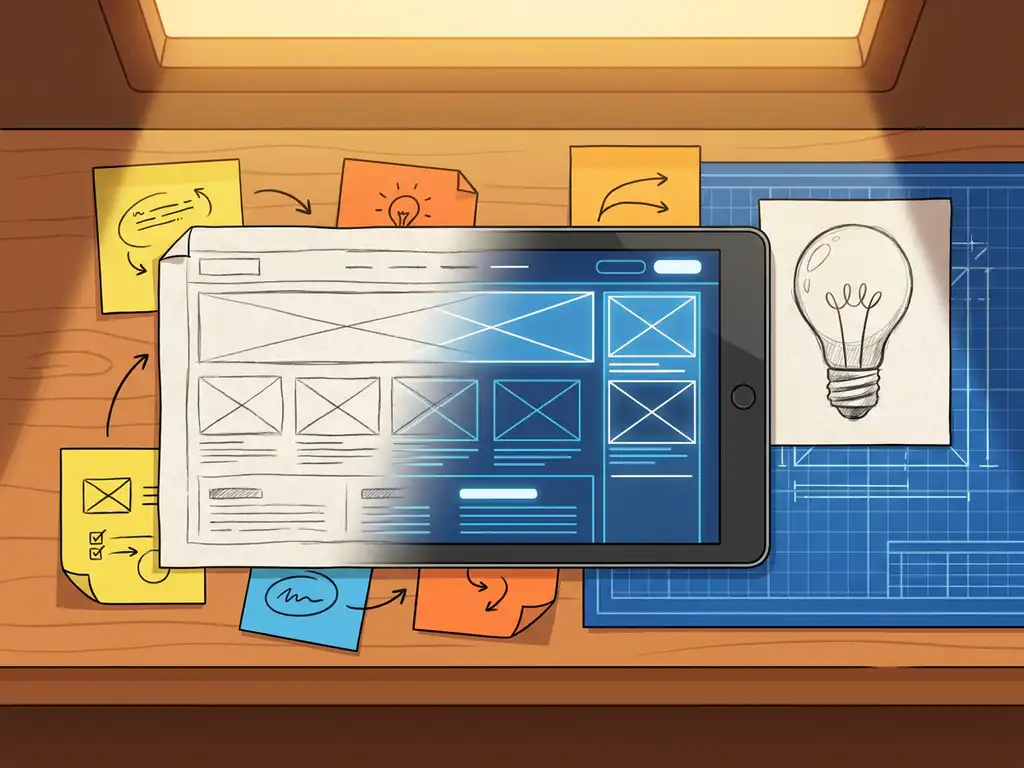 Potloodschets op houten bureau die overvloeit in digitale wireframes, met gloeilamp en sticky notes, warm amber en donkerblauw kleurenpalet.