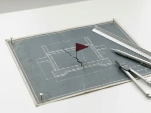 Blauwdruk van een fundering met scheurlocatie gemarkeerd door rode vlag, zilverkleurige liniaal en tekengereedschap op wit bureau.