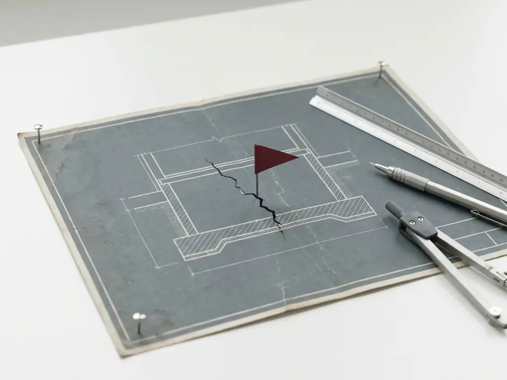 Blauwdruk van een fundering met scheurlocatie gemarkeerd door rode vlag, zilverkleurige liniaal en tekengereedschap op wit bureau.