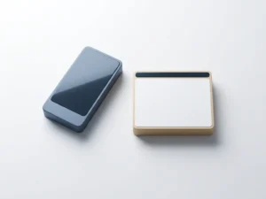Smartphone en browservenster als geometrische objecten op wit mat oppervlak, vlakke bovenaanzicht in leisteen blauw en zandtinten.
