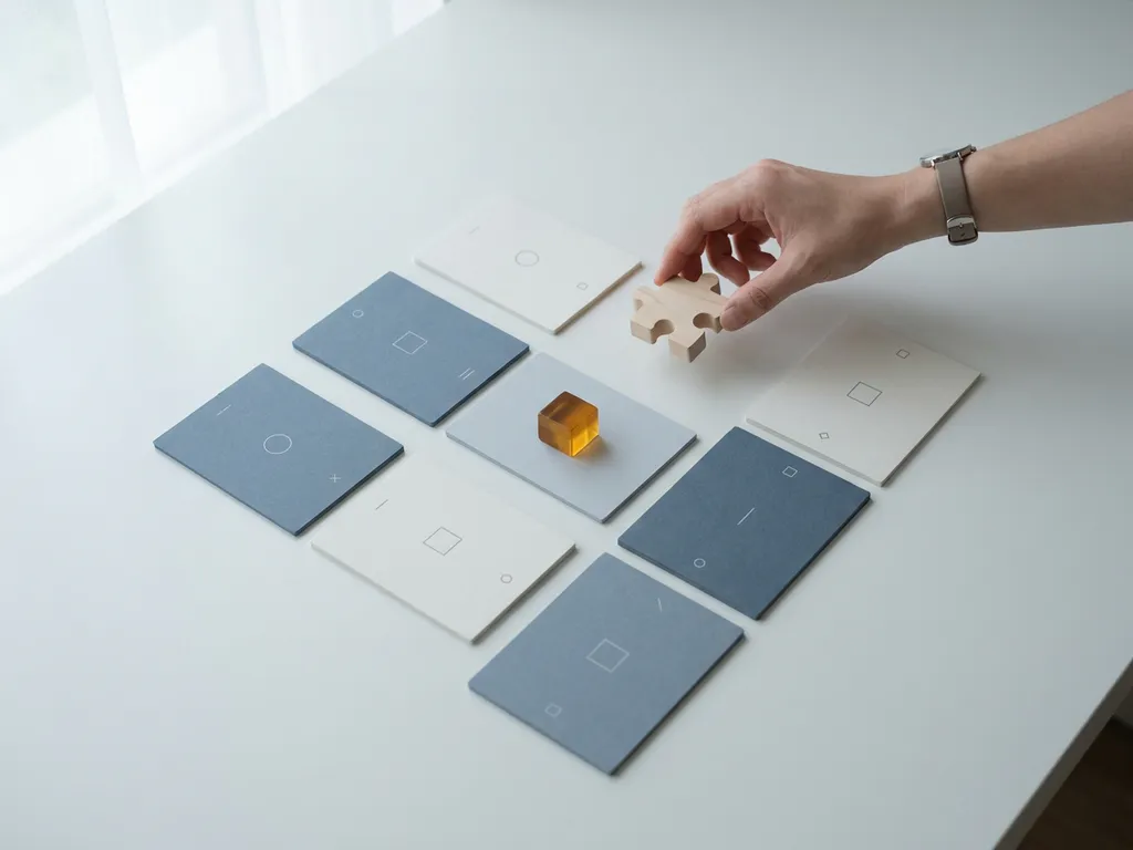 Hand plaatst puzzelstuk op wit bureau met geometrische kaarten in grid-patroon, symboliseert tech stack architectuurkeuze.