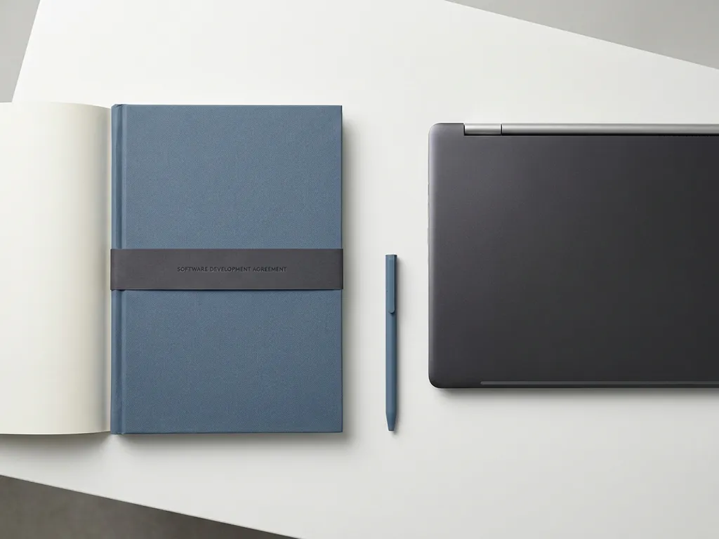 Softwarecontract op wit bureau naast laptop en pen, strak bovenaanzicht met leisteenblauw en gebroken wit kleurenpalet.