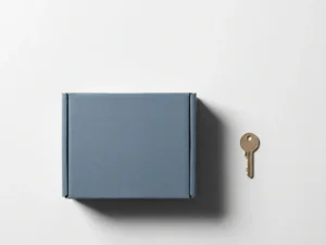 Verzegelde softwaredoos en sleutel op wit bureau, minimalistische flatlay met leisteenblauw en zandtinten.
