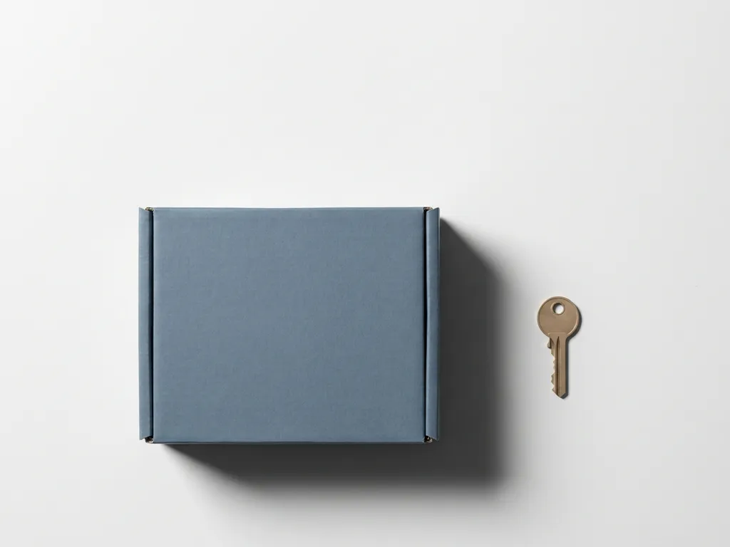 Verzegelde softwaredoos en sleutel op wit bureau, minimalistische flatlay met leisteenblauw en zandtinten.