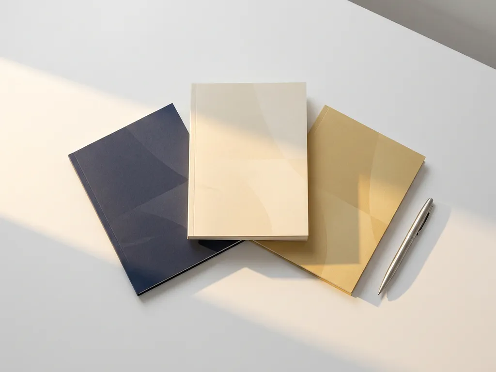 Drie softwarevoorstellen uitgewaaierd op wit bureau, één document verlicht door warm licht, zilveren pen ernaast, minimalistische flatlay.