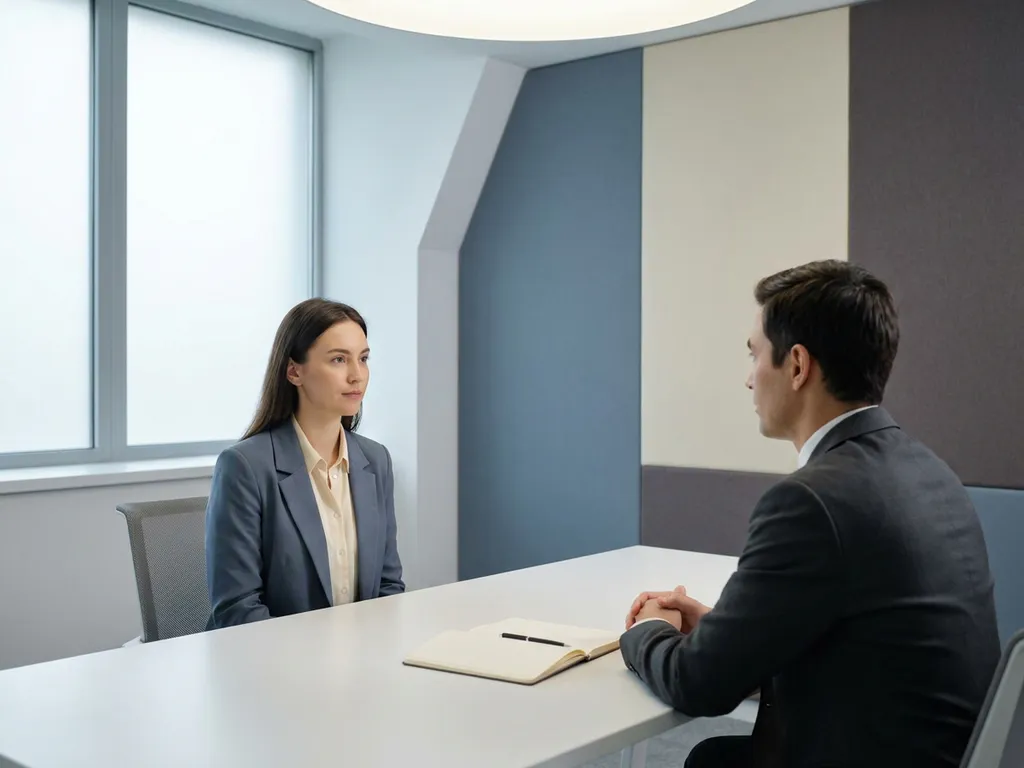 Kandidaat en interviewer aan een wit bureau met open notitieboek en pen, rustige professionele sfeer in blauw-ivoor tinten.