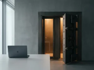 Stalen kluisdeur op een kier in betonnen kantoorwand, warm amberkleurig licht filtert door de opening, laptop op wit bureau op de voorgrond.