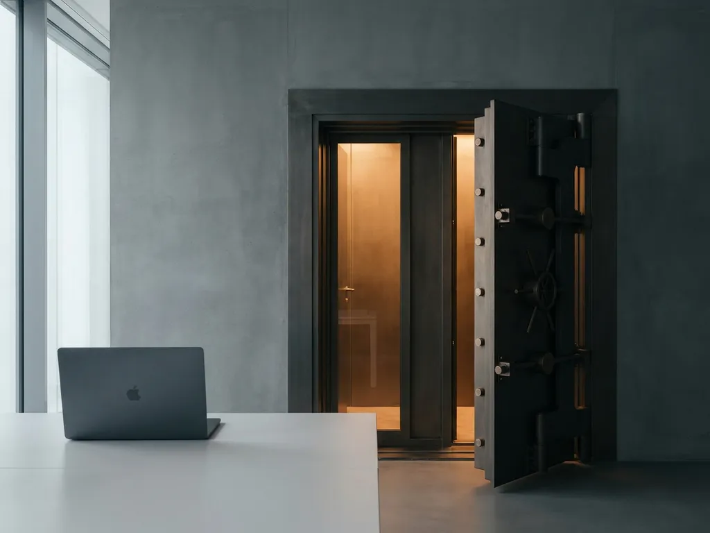 Stalen kluisdeur op een kier in betonnen kantoorwand, warm amberkleurig licht filtert door de opening, laptop op wit bureau op de voorgrond.