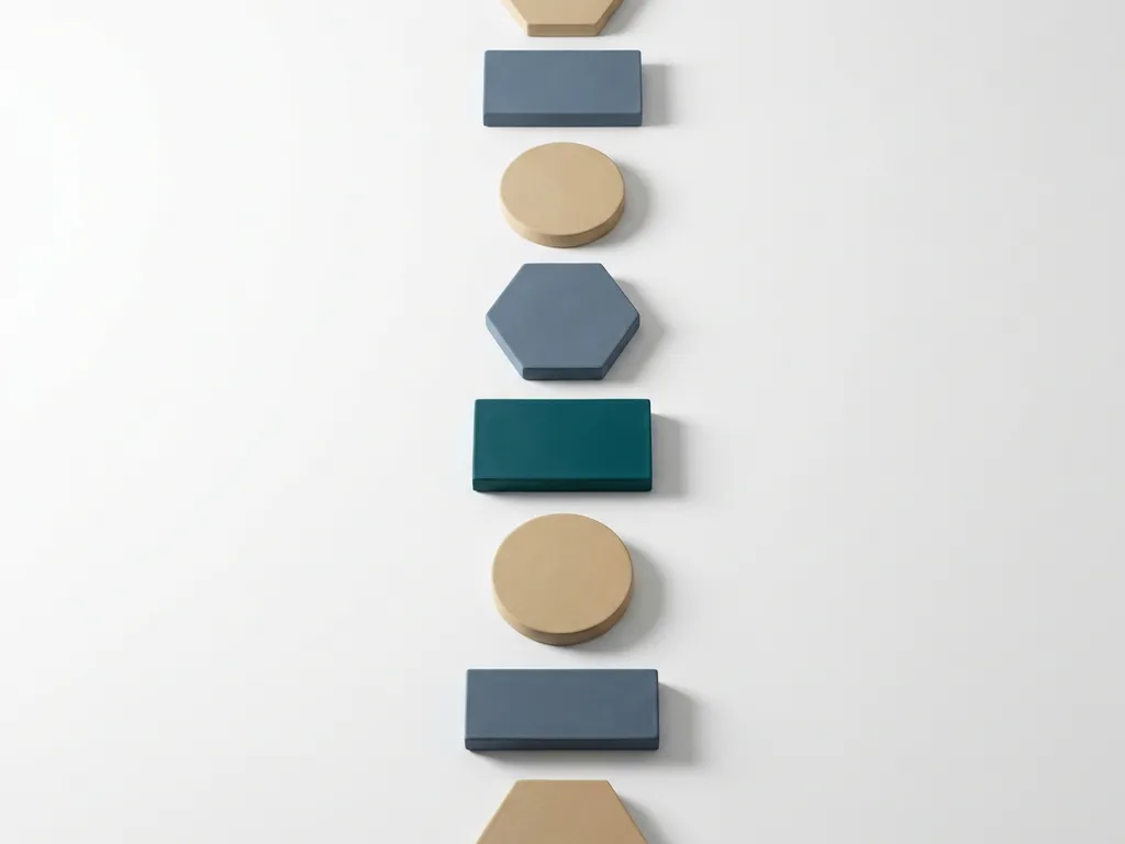 Geometrische stapstenen in leisteenblauw en zandtinten met één diepgroene steen, oplopend pad op wit oppervlak, minimalistisch bovenaanzicht.
