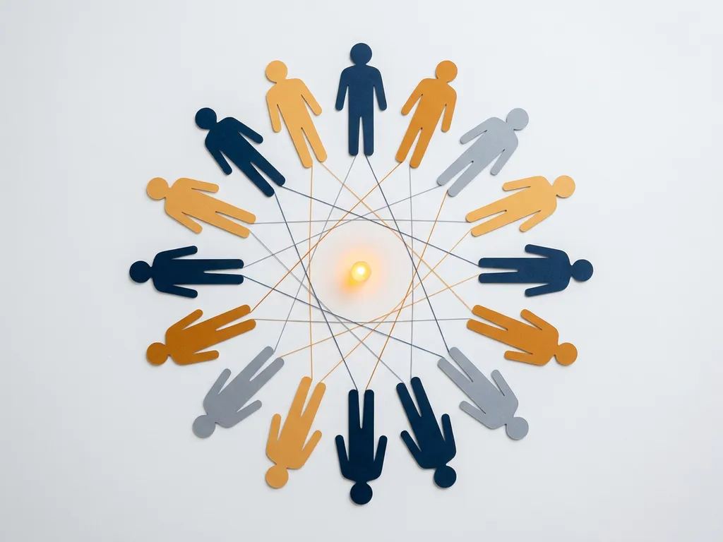 Diverse menselijke silhouetten in cirkelformatie rond een centraal lichtpunt, verbonden door geometrische lijnen, symboliseert teamwork en samenwerking.