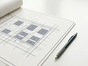 Technische blauwdruk met geometrische rasterlijnen en modulaire diagramblokken op een wit bureau, met een mechanisch potlood.