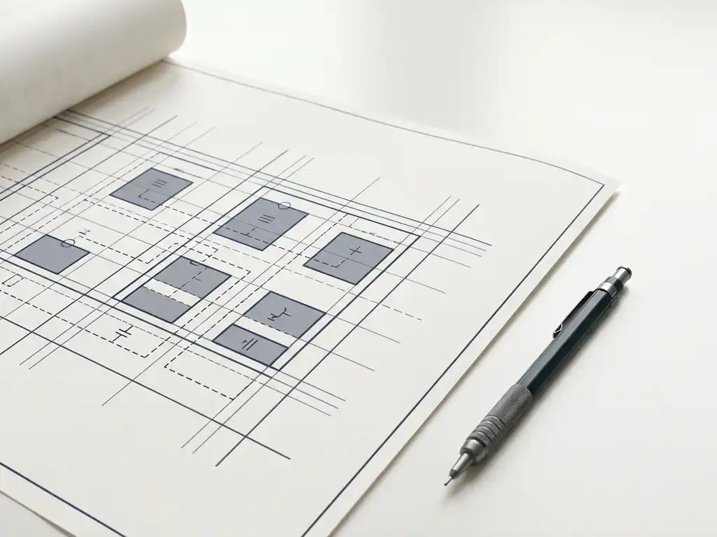 Technische blauwdruk met geometrische rasterlijnen en modulaire diagramblokken op een wit bureau, met een mechanisch potlood.