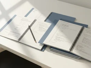 Opengelegde technische handleidingen en uitgeprinte code op een wit bureau, met een potlood diagonaal over de pagina's in zacht daglicht.