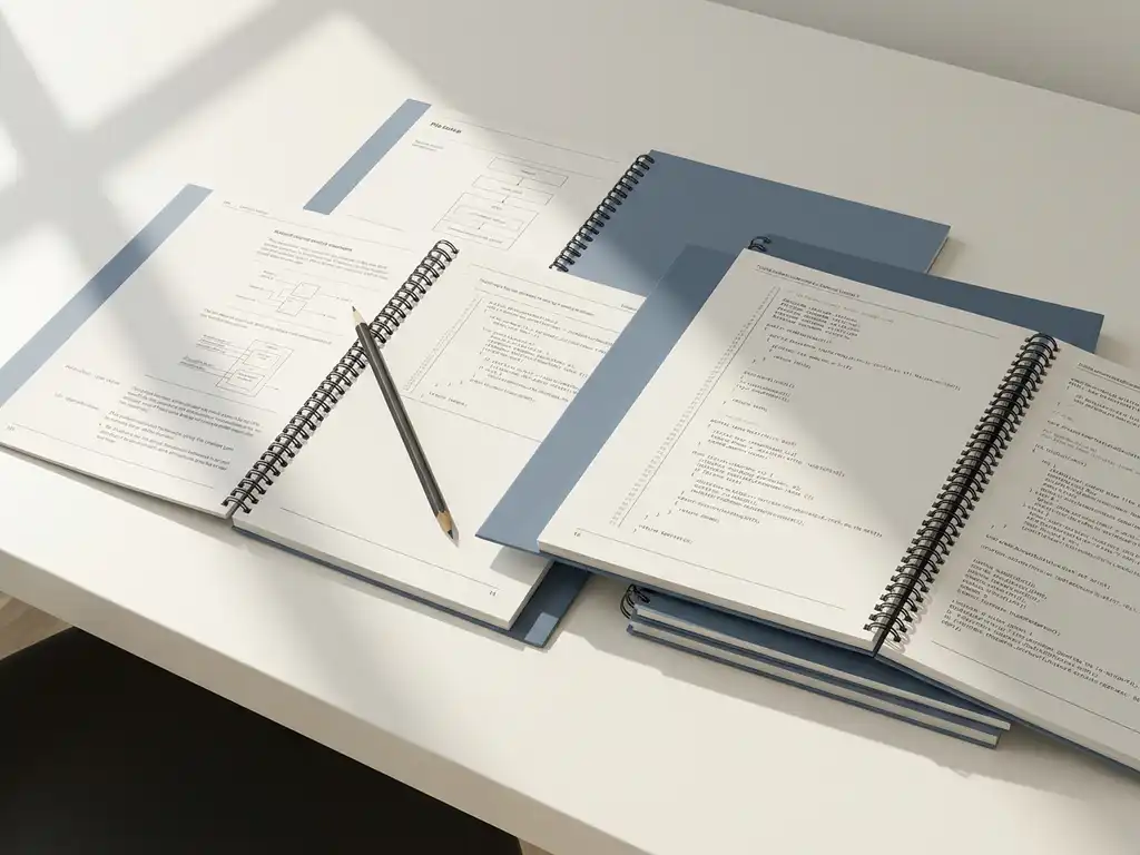 Opengelegde technische handleidingen en uitgeprinte code op een wit bureau, met een potlood diagonaal over de pagina's in zacht daglicht.