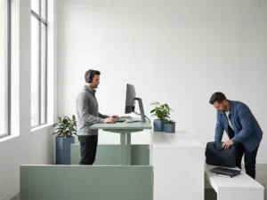 Vaste ontwikkelaar aan staand bureau naast vertrekkende contractor die laptoptas inpakt, modern open kantoor met salie- en leisteenblauwe tinten.