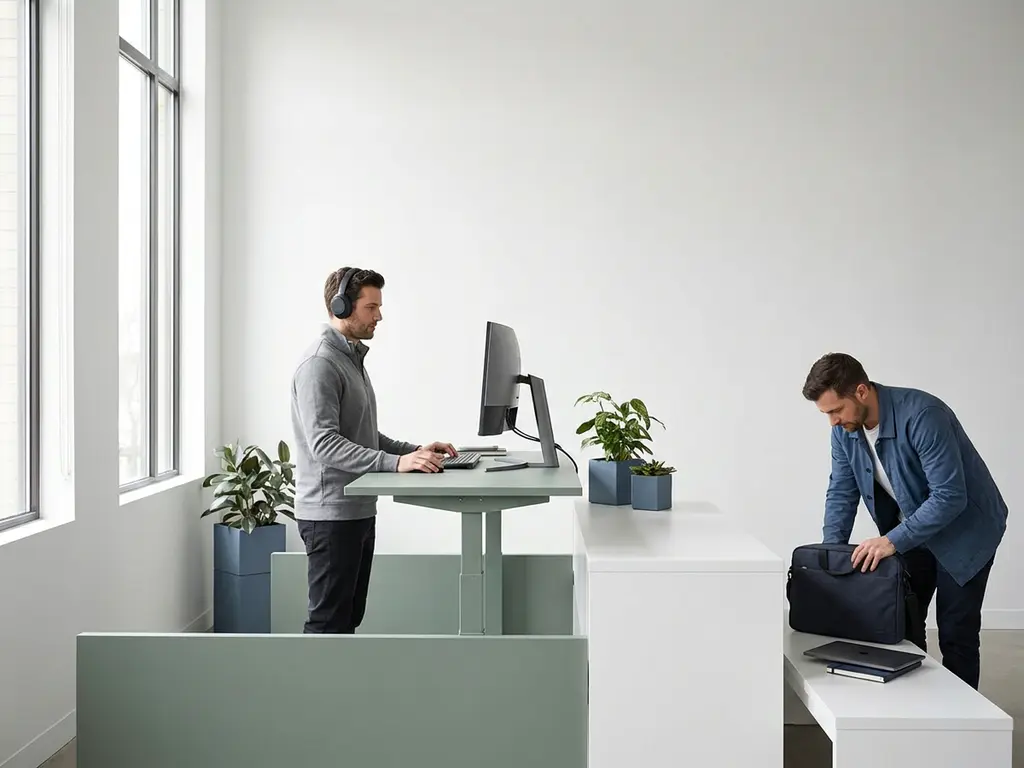 Vaste ontwikkelaar aan staand bureau naast vertrekkende contractor die laptoptas inpakt, modern open kantoor met salie- en leisteenblauwe tinten.
