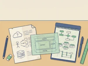 Hand-getekend eisendocument van een klant naast een gestructureerd notitieblok van een ontwikkelaar, verbonden door een wireframe schets op een bureau.