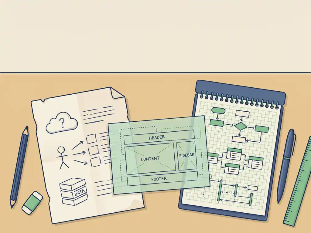 Hand-getekend eisendocument van een klant naast een gestructureerd notitieblok van een ontwikkelaar, verbonden door een wireframe schets op een bureau.