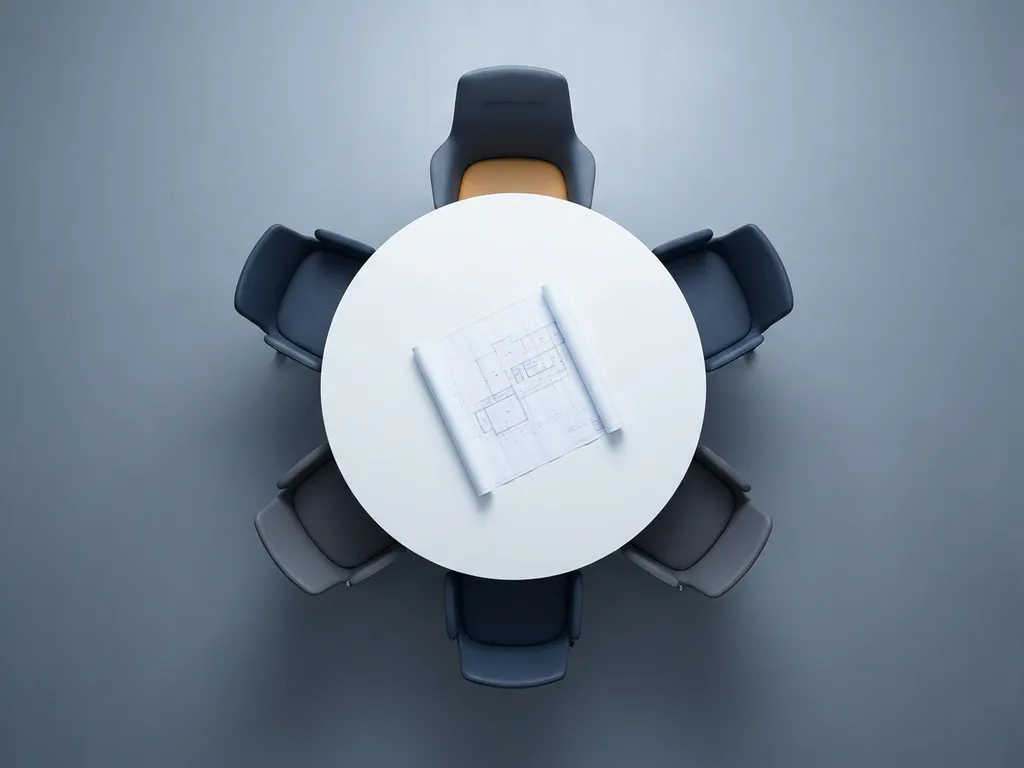 Bovenaanzicht van ronde vergadertafel met vijf minimalistische stoelen, opengerold architectuurplan in het midden, navy en grijstinten.