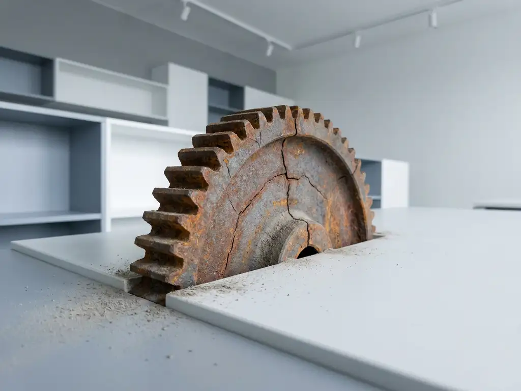 Verroest en gebarsten tandwiel op een strak wit minimalistisch werkoppervlak, omgeven door fijn stof en zachte schaduwen.