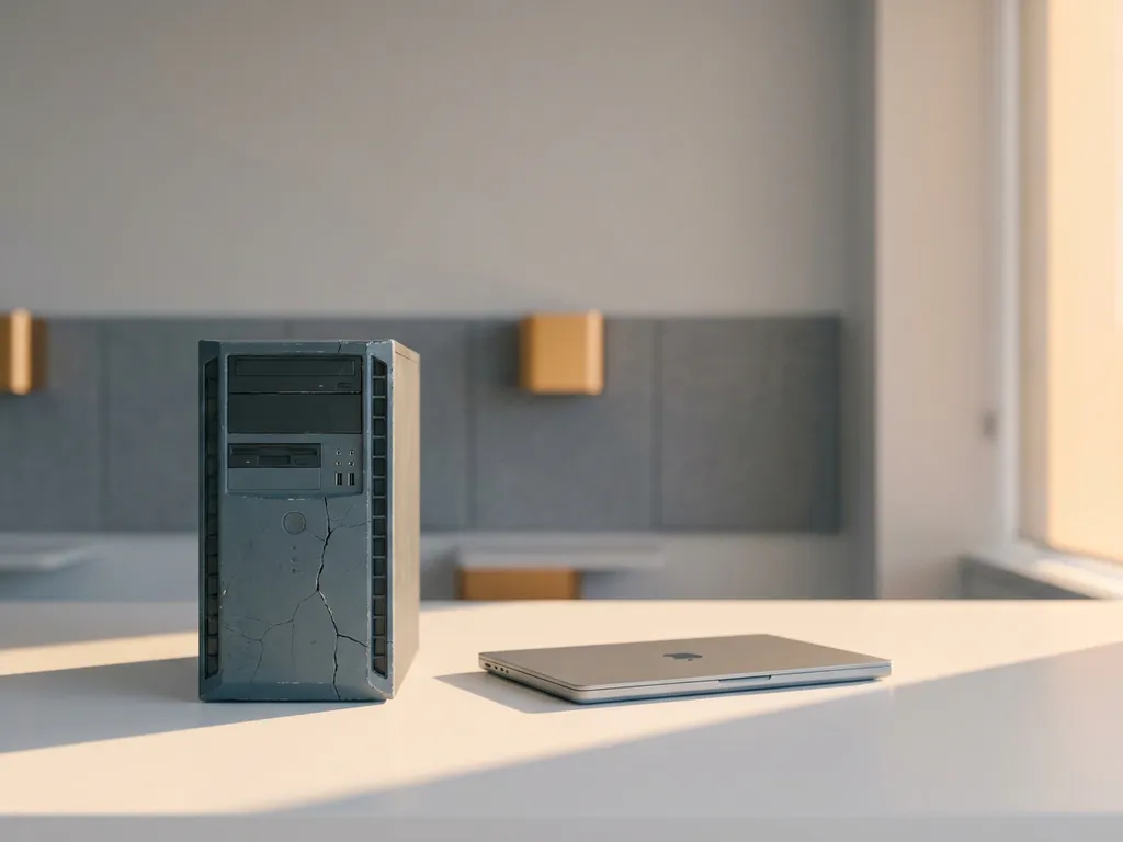 Verouderde, gebarsten servertoren naast een moderne laptop op een wit bureau, symboliseert IT-vernieuwing in een kantooromgeving.