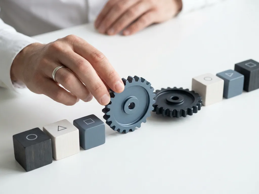Hand die een stilstaand tandwiel op gang brengt op een wit bureau met geometrische projecttijdlijnmarkeringen in gedempte tinten.