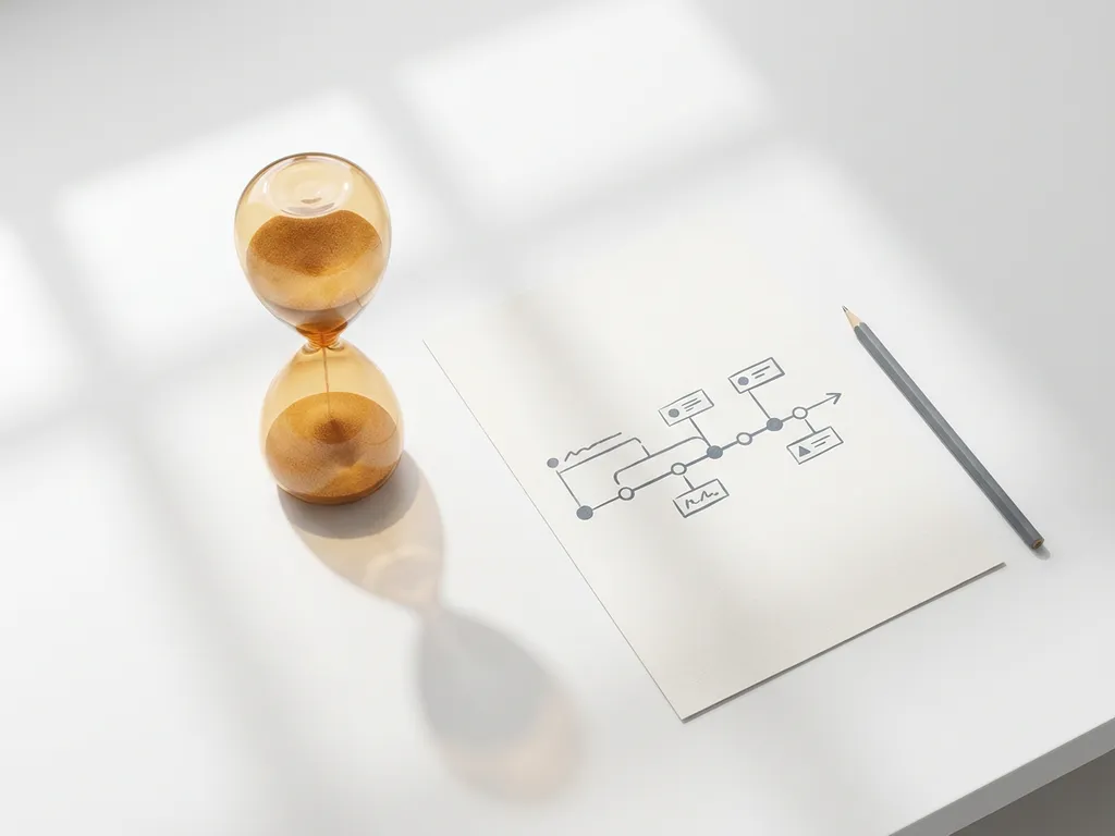 Zandloper met gloeiend amber zand naast een projecttijdlijn op papier, bovenaanzicht, minimalistisch wit bureau.