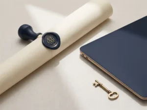 Waszegelstempel op een contractdocument naast een laptop en siersleuitje, bovenaanzicht op linnen ondergrond in marineblauw en ivoor.