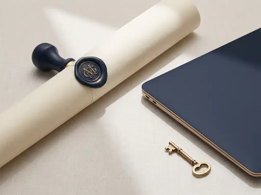 Waszegelstempel op een contractdocument naast een laptop en siersleuitje, bovenaanzicht op linnen ondergrond in marineblauw en ivoor.